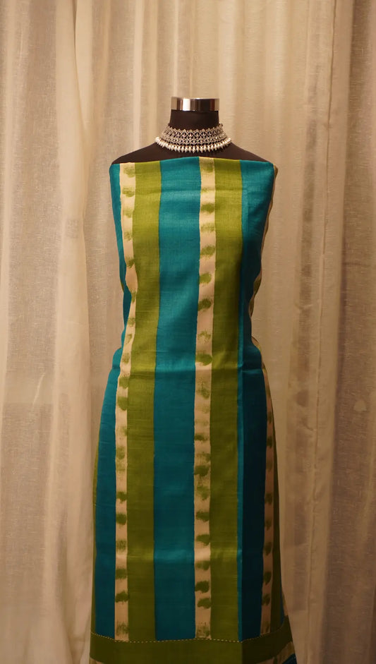 Teal Elegance Tussar Silk Dupatta with Block Prints & Thread Work