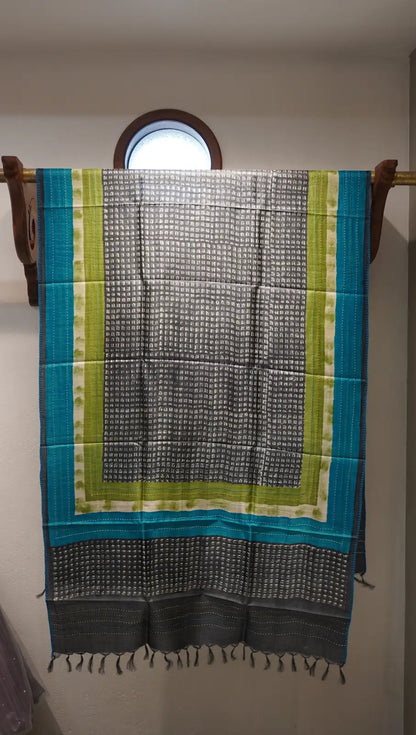 Teal Elegance Tussar Silk Dupatta with Block Prints & Thread Work
