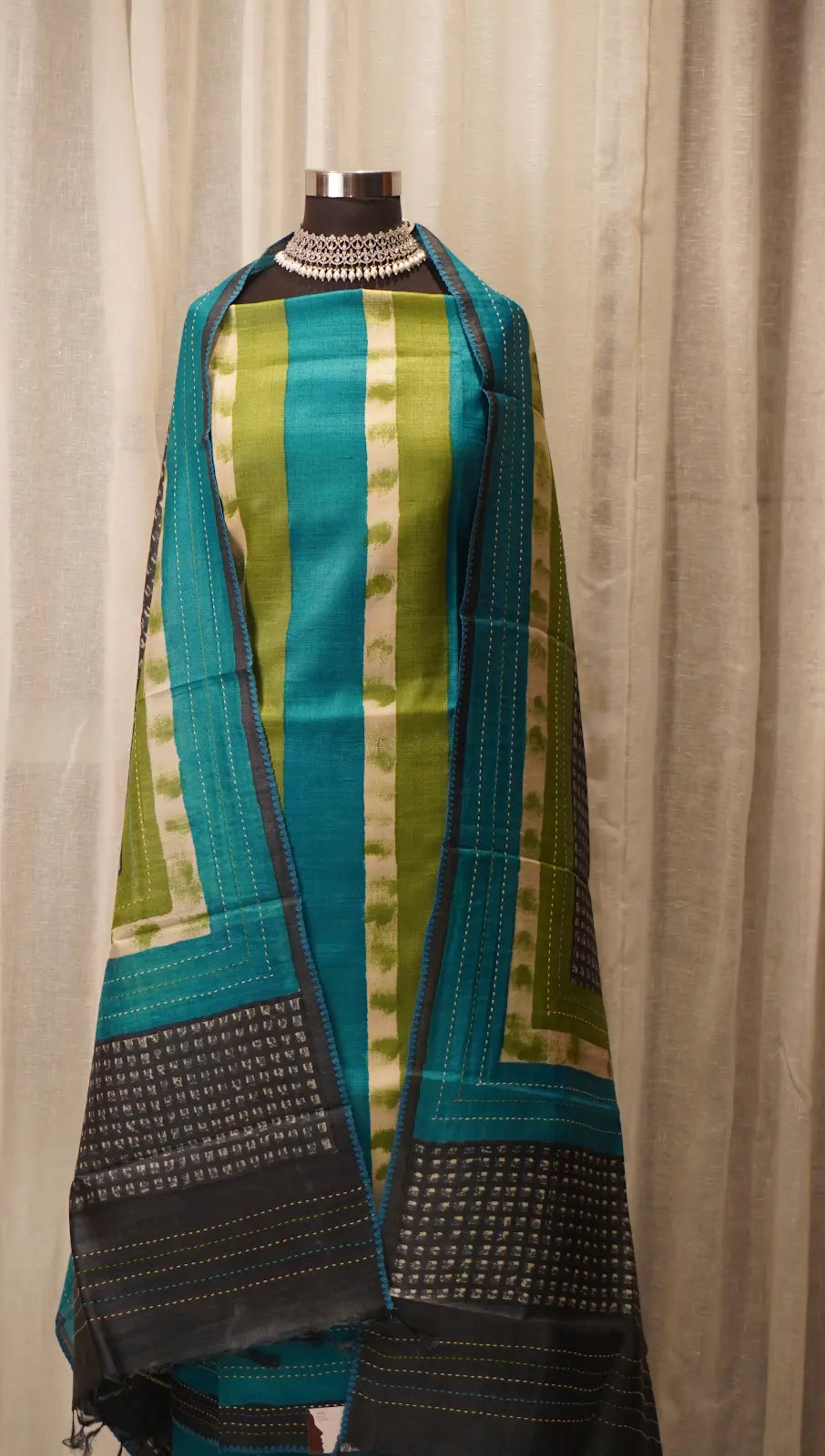 Teal Elegance Tussar Silk Dupatta with Block Prints & Thread Work