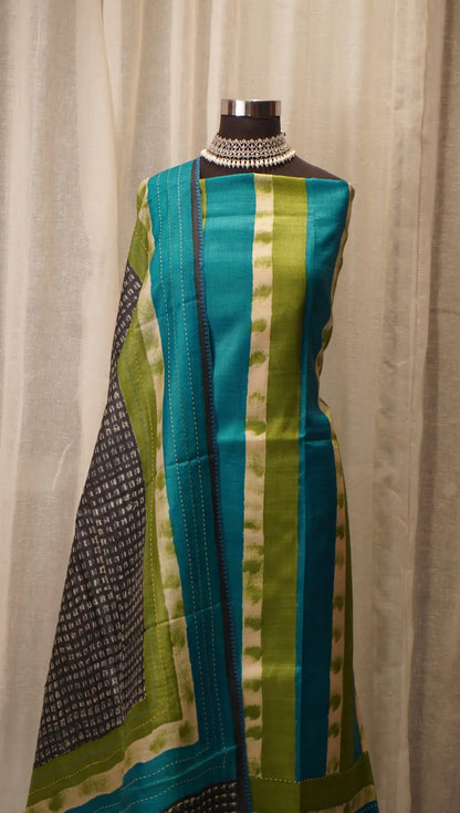 Teal Elegance Tussar Silk Dupatta with Block Prints & Thread Work