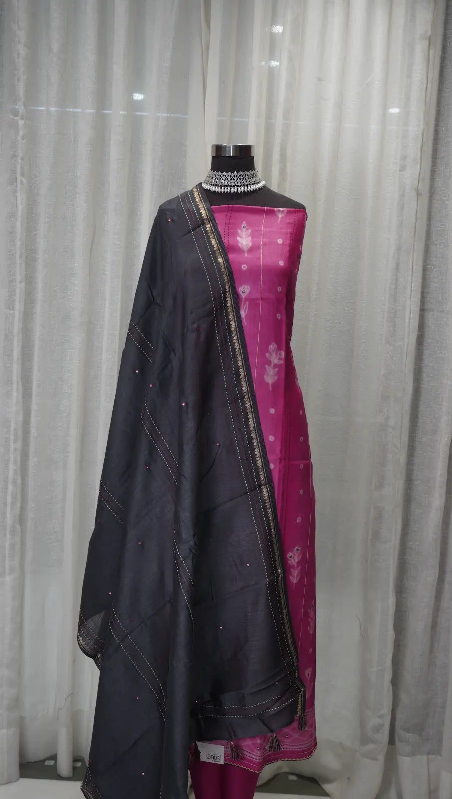 Rose Glow Tussar Silk Shibori Dupatta with Thread Work