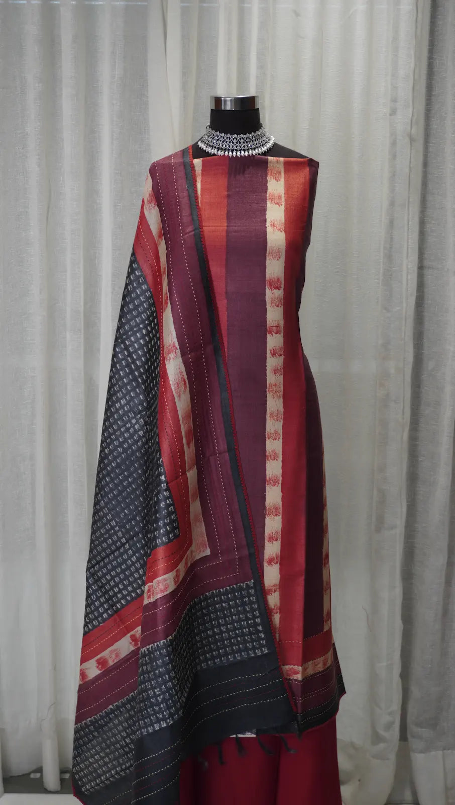 Maroon Charm Tussar Silk Dupatta with Block Prints & Thread Work