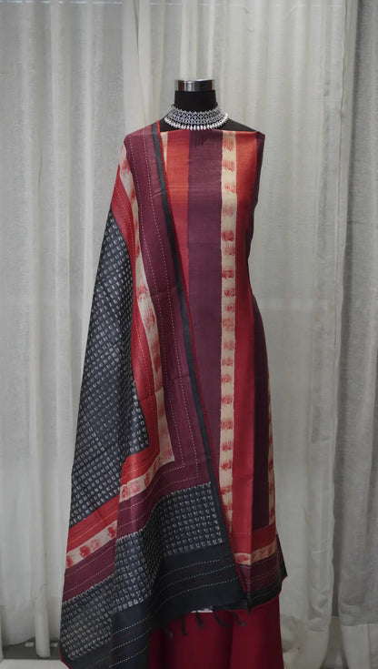 Maroon Charm Tussar Silk Dupatta with Block Prints & Thread Work
