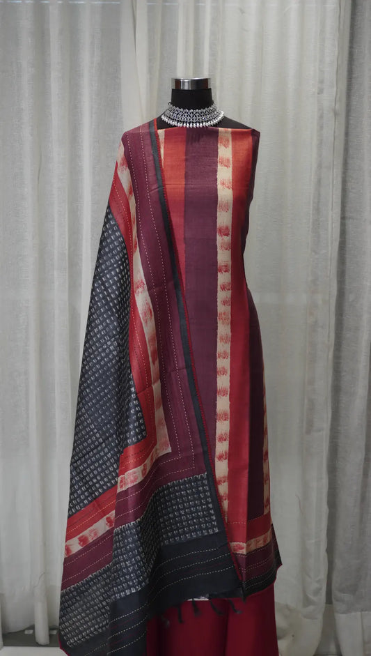 Maroon Charm Tussar Silk Dupatta with Block Prints & Thread Work