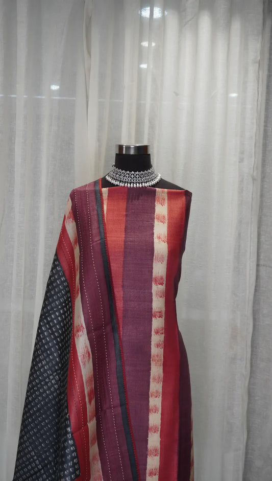 Maroon Charm Tussar Silk Dupatta with Block Prints & Thread Work