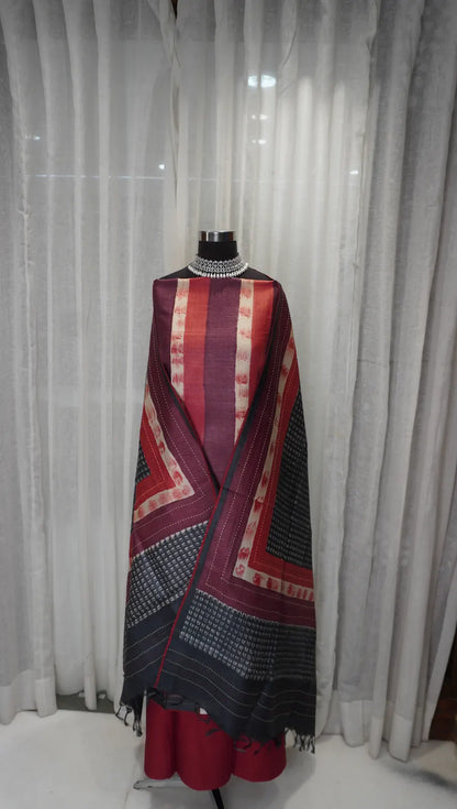 Maroon Charm Tussar Silk Dupatta with Block Prints & Thread Work