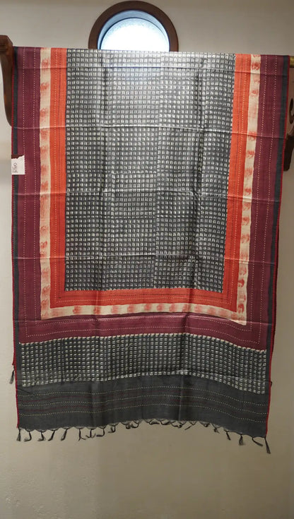 Maroon Charm Tussar Silk Dupatta with Block Prints & Thread Work