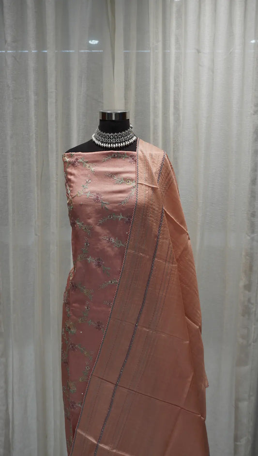 Peach Glow Tussar Silk Dupatta with Golden Thread Work