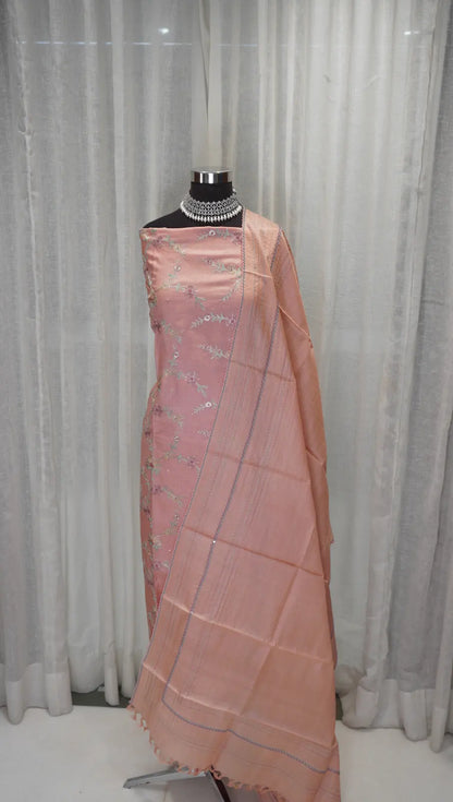 Peach Glow Tussar Silk Dupatta with Golden Thread Work