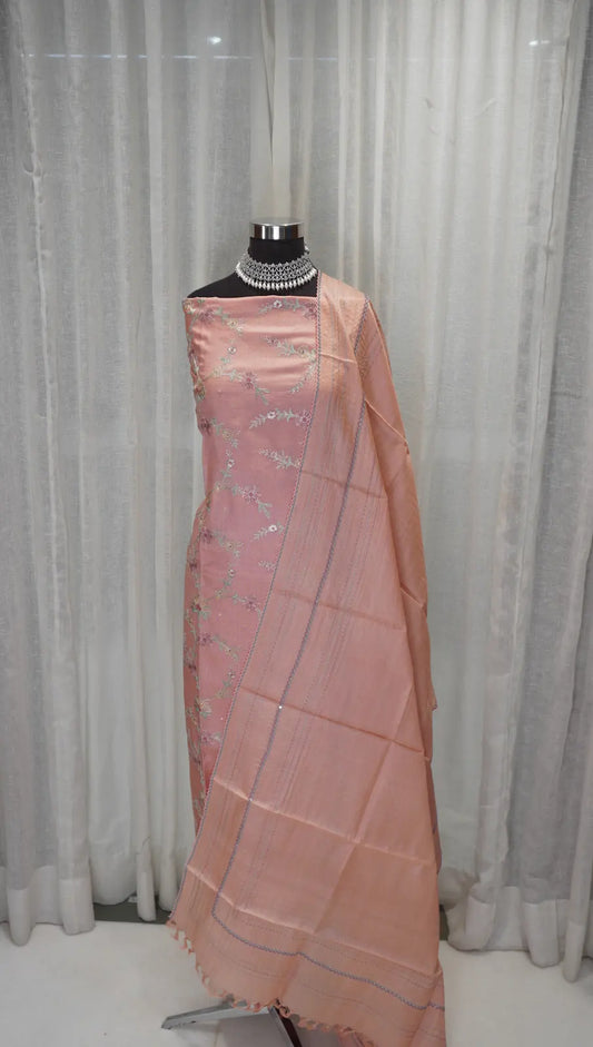 Peach Glow Tussar Silk Dupatta with Golden Thread Work