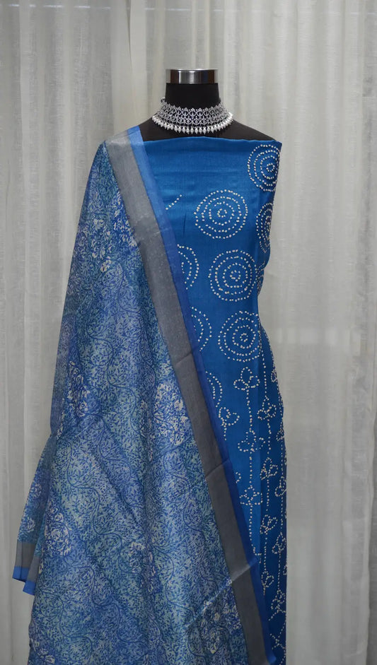 Royal Blue Tussar Silk Printed Dupatta with Gath Work