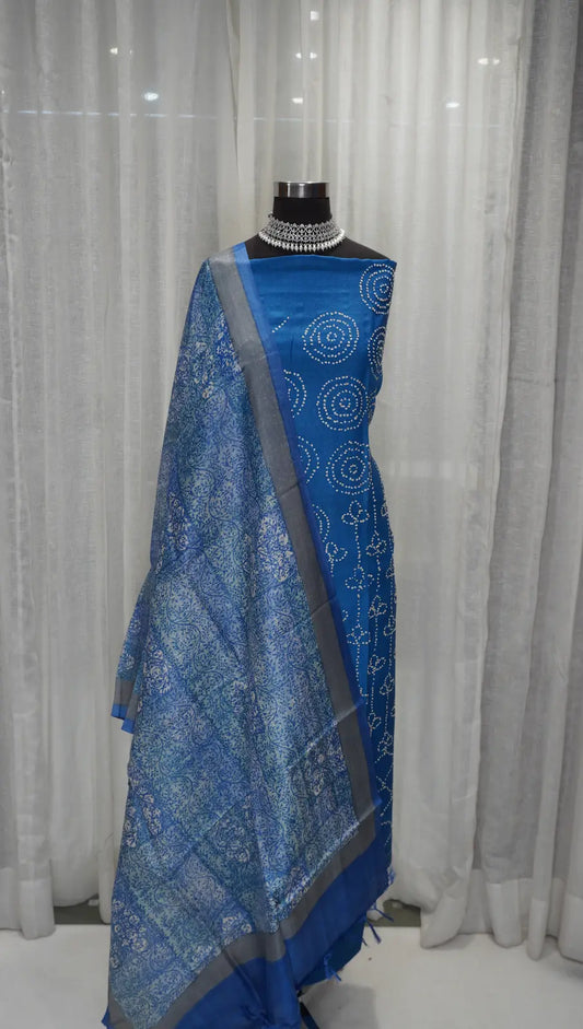 Royal Blue Tussar Silk Printed Dupatta with Gath Work