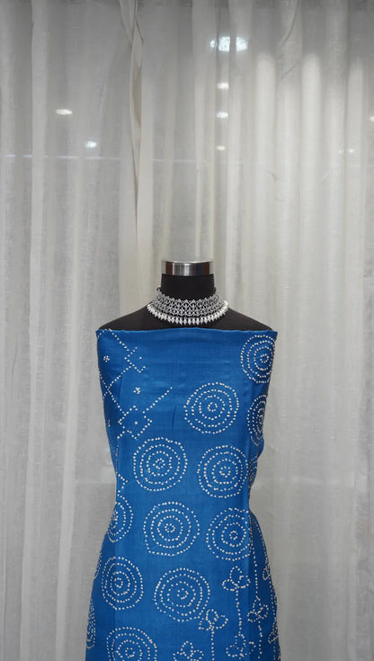 Royal Blue Tussar Silk Printed Dupatta with Gath Work