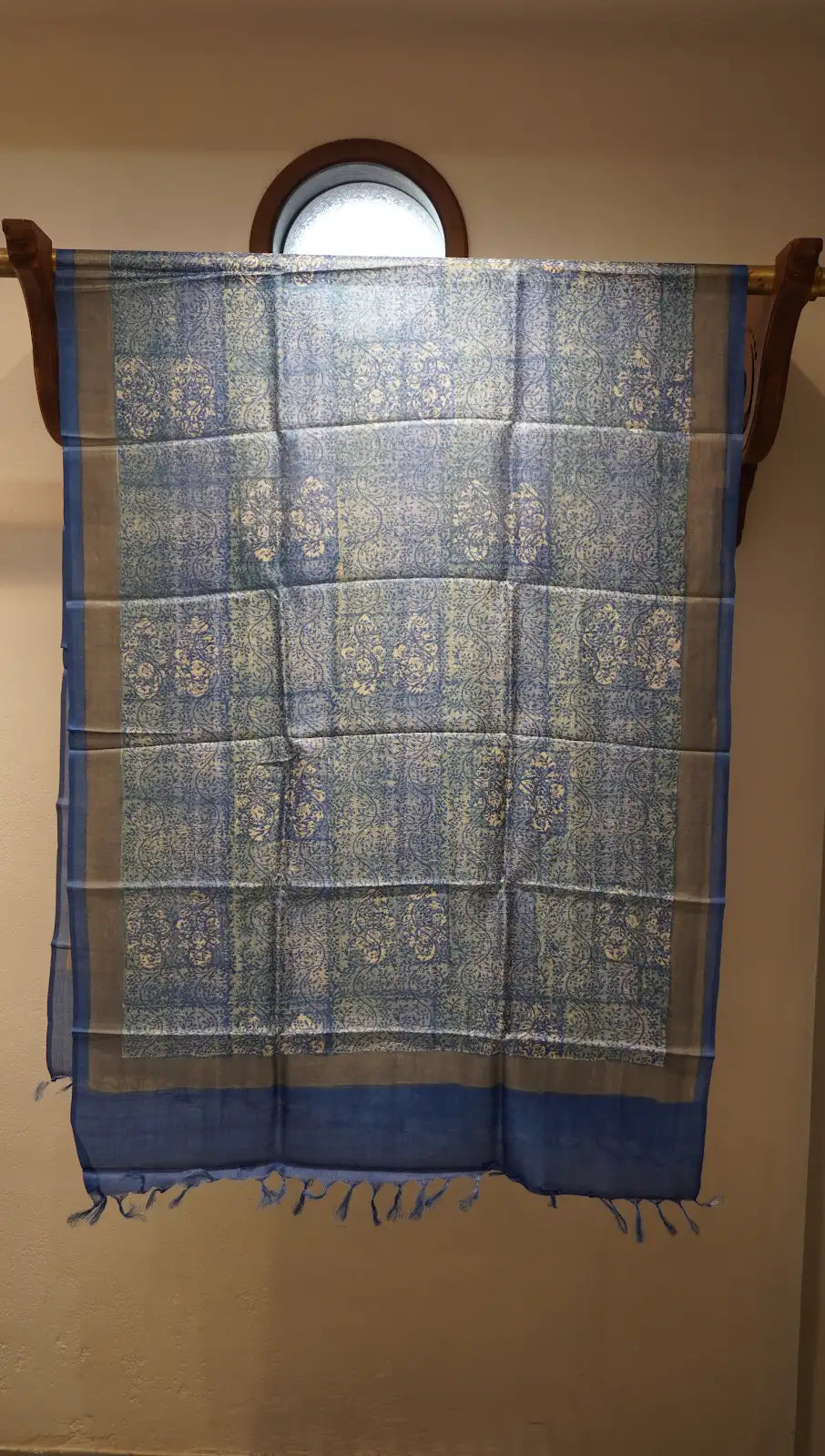Royal Blue Tussar Silk Printed Dupatta with Gath Work
