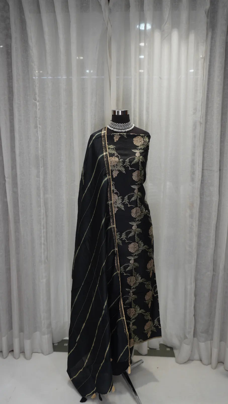 Midnight Bloom Tussar Silk Leheriya Dupatta with Thread Work