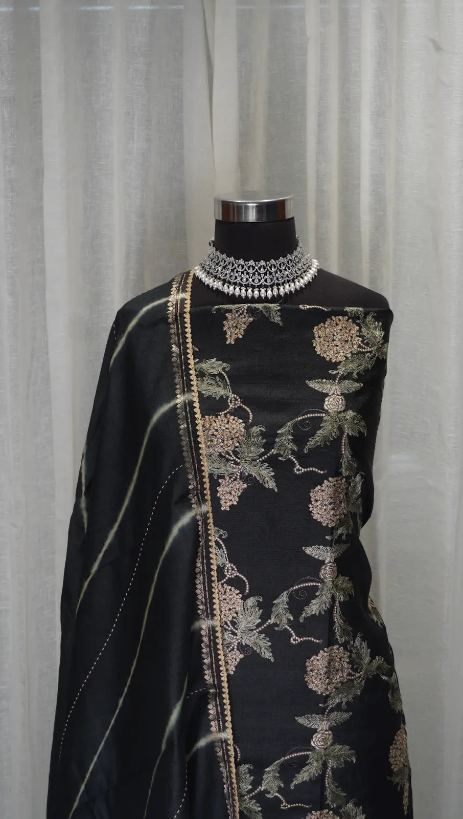 Midnight Bloom Tussar Silk Leheriya Dupatta with Thread Work