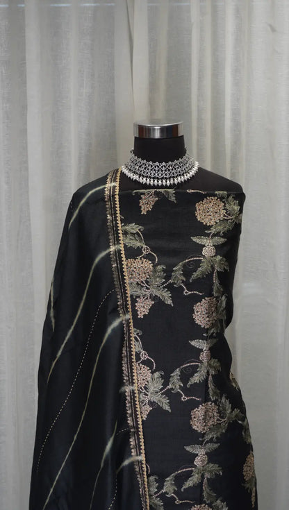 Midnight Bloom Tussar Silk Leheriya Dupatta with Thread Work