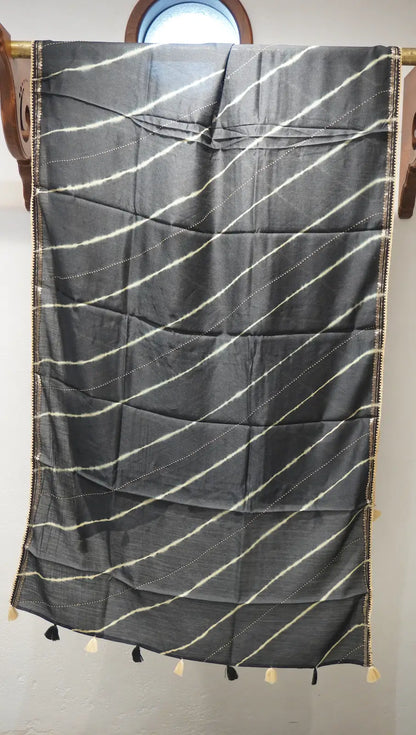 Midnight Bloom Tussar Silk Leheriya Dupatta with Thread Work