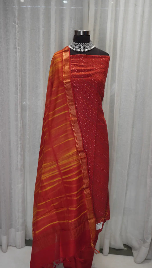 Rust Glow Banarasi Buti Leheriya Dupatta with Kantha Work