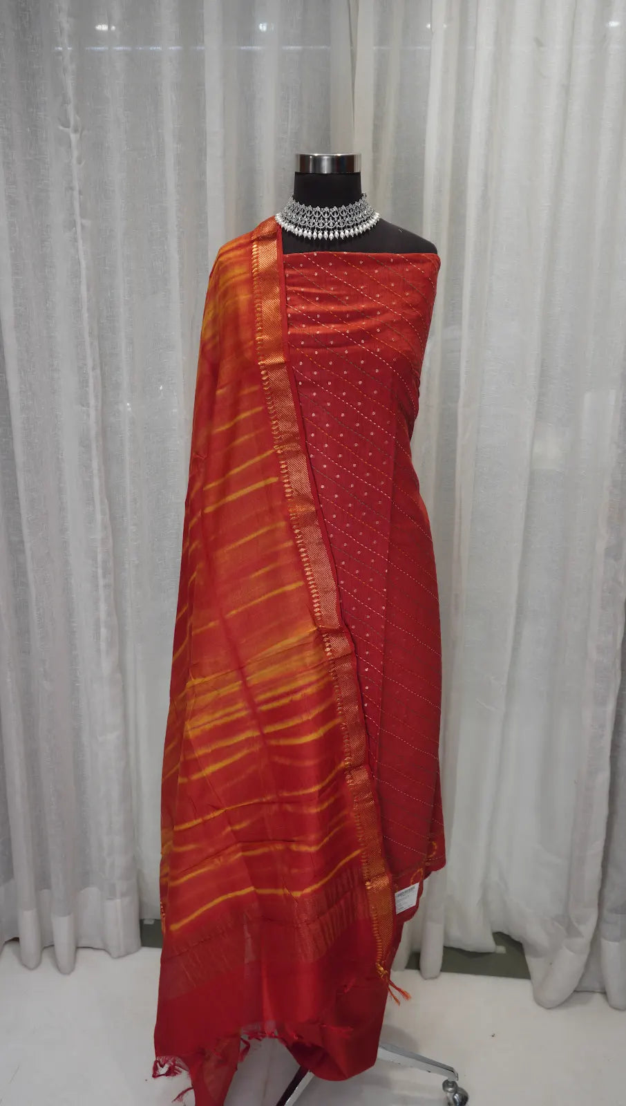 Rust Glow Banarasi Buti Leheriya Dupatta with Kantha Work