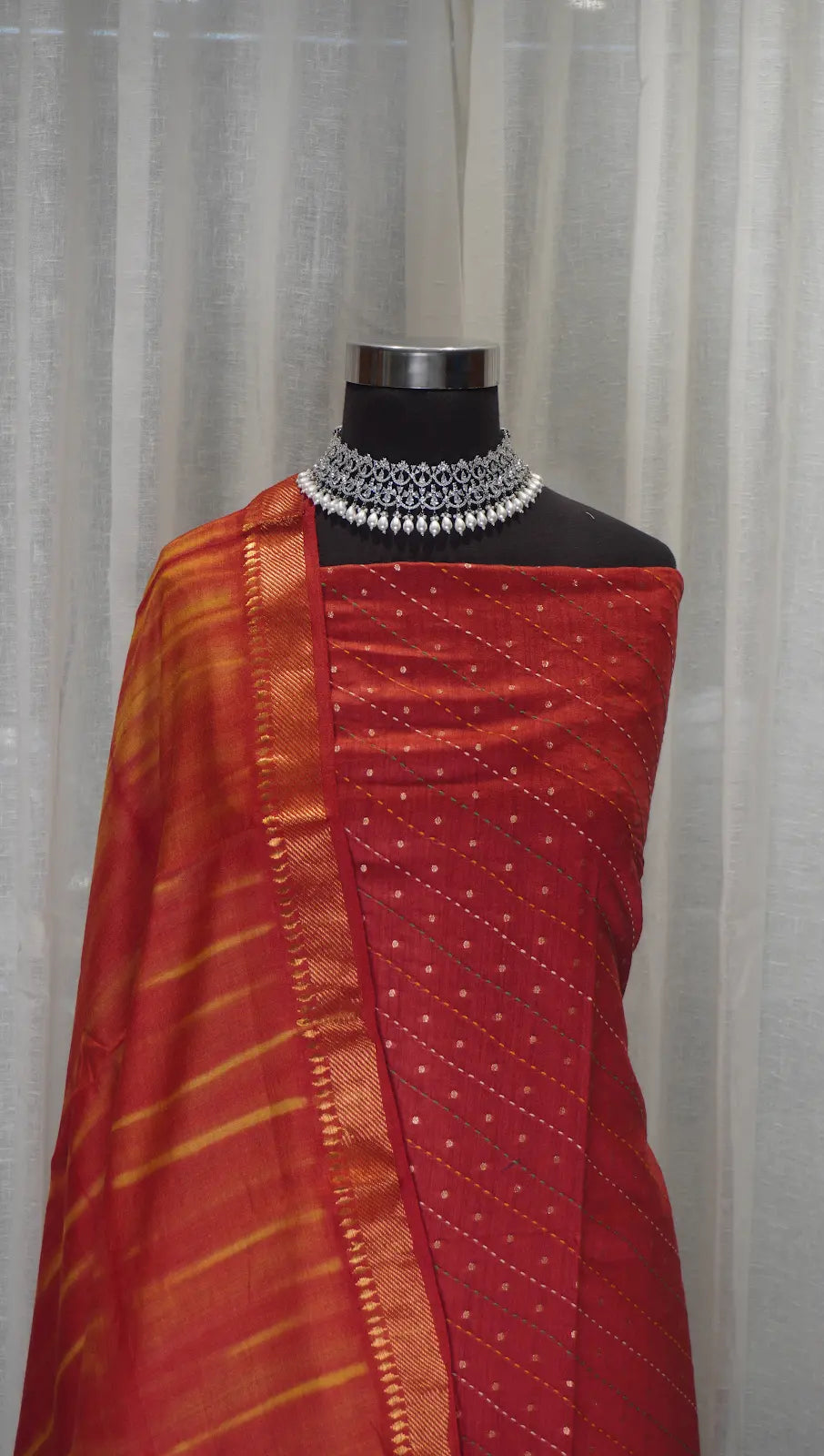Rust Glow Banarasi Buti Leheriya Dupatta with Kantha Work