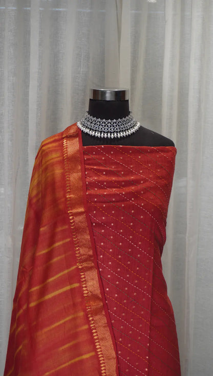Rust Glow Banarasi Buti Leheriya Dupatta with Kantha Work