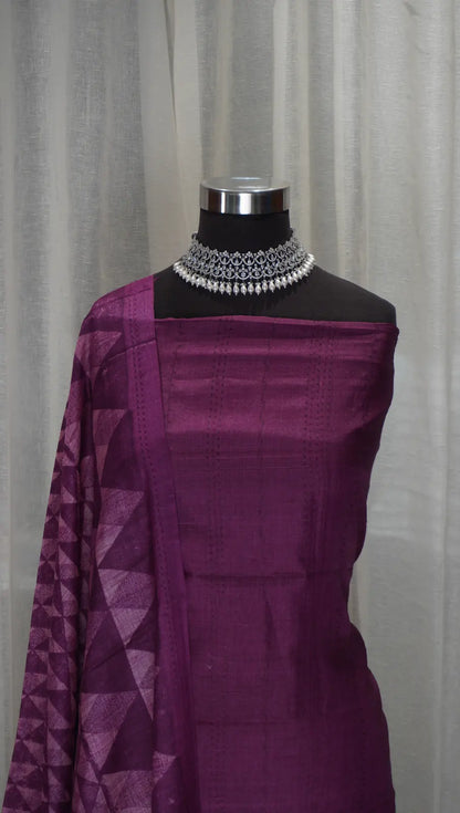 Royal Purple Tussar Silk Dupatta with Block Prints & Thread Work