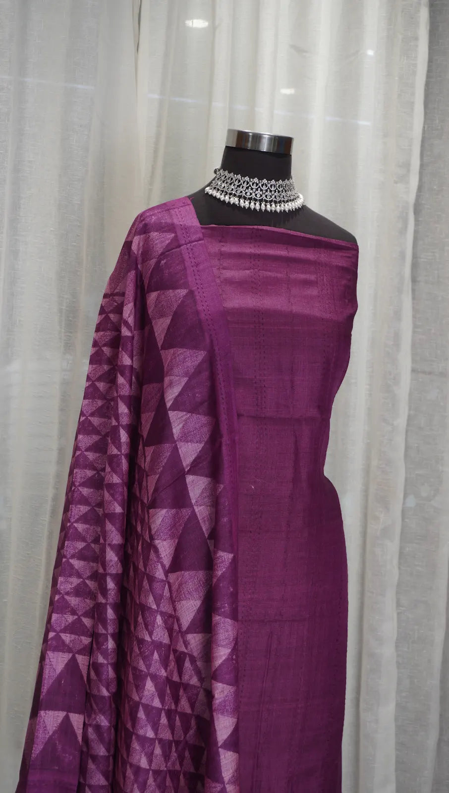 Royal Purple Tussar Silk Dupatta with Block Prints & Thread Work