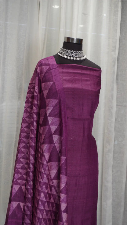 Royal Purple Tussar Silk Dupatta with Block Prints & Thread Work