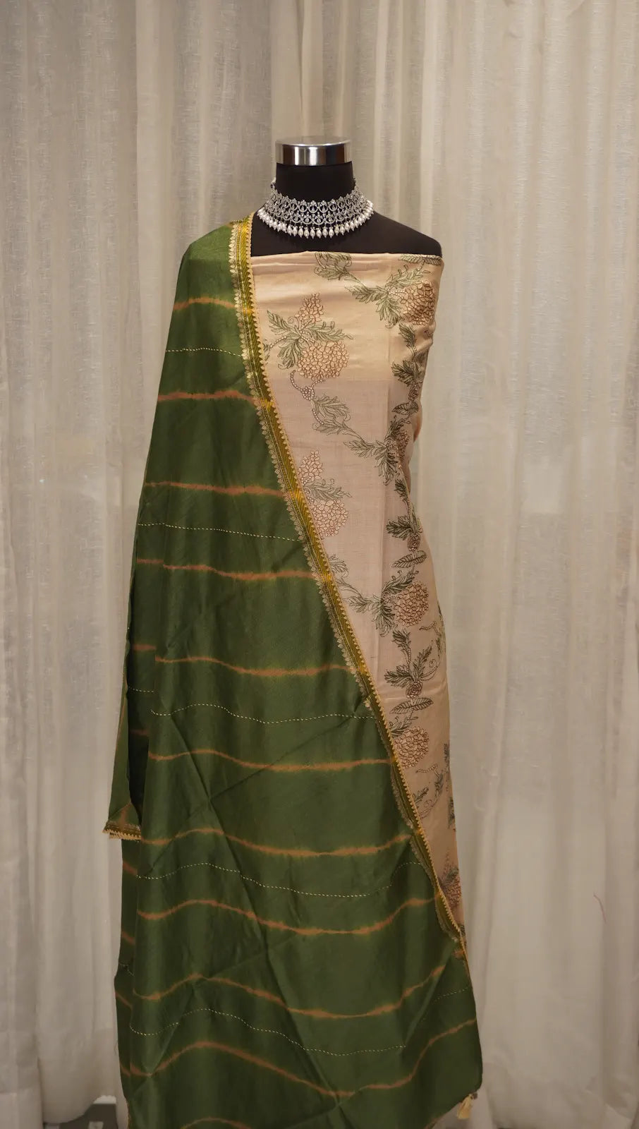 Beige Bloom Tussar Silk Leheriya Dupatta with Thread Work