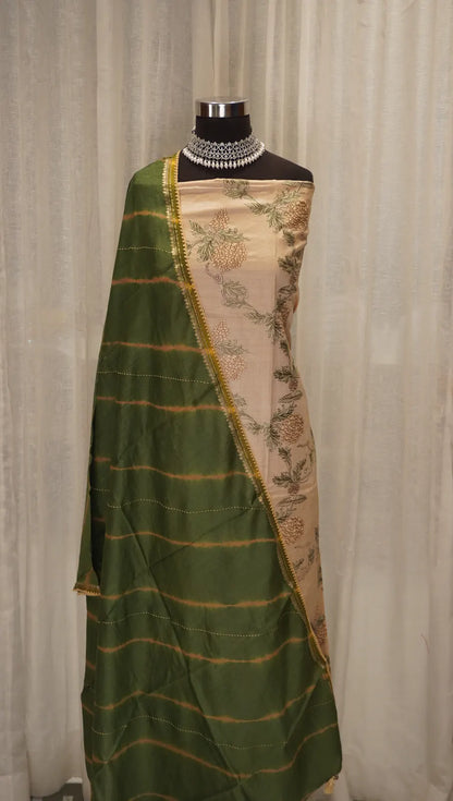 Beige Bloom Tussar Silk Leheriya Dupatta with Thread Work