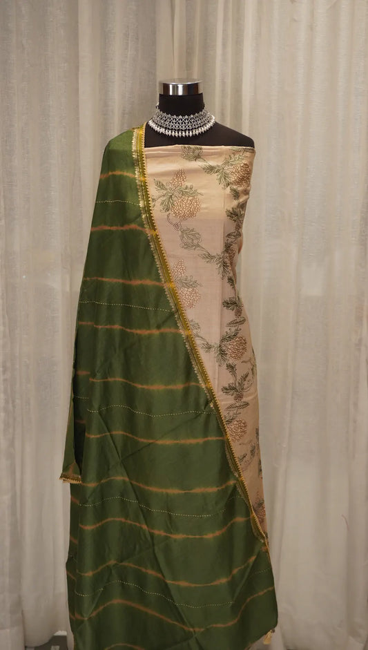 Beige Bloom Tussar Silk Leheriya Dupatta with Thread Work