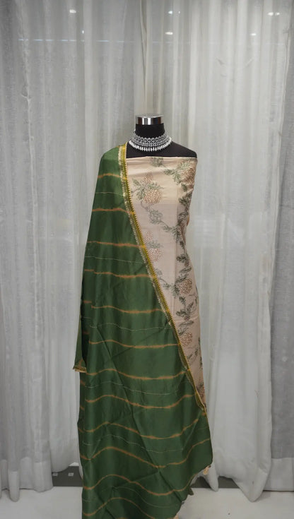 Beige Bloom Tussar Silk Leheriya Dupatta with Thread Work