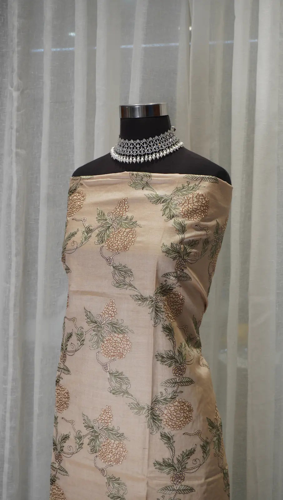 Beige Bloom Tussar Silk Leheriya Dupatta with Thread Work