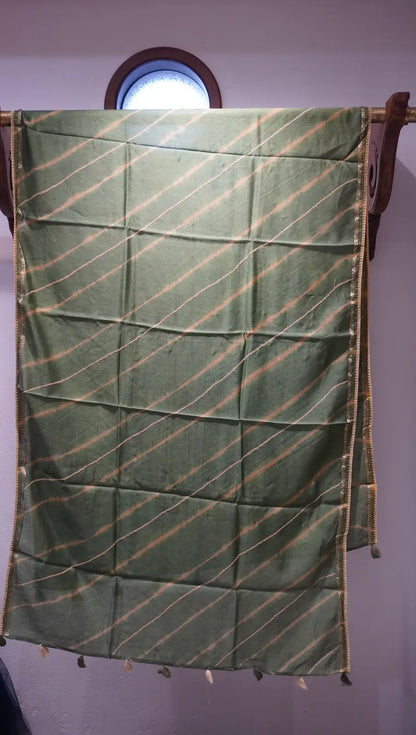 Beige Bloom Tussar Silk Leheriya Dupatta with Thread Work