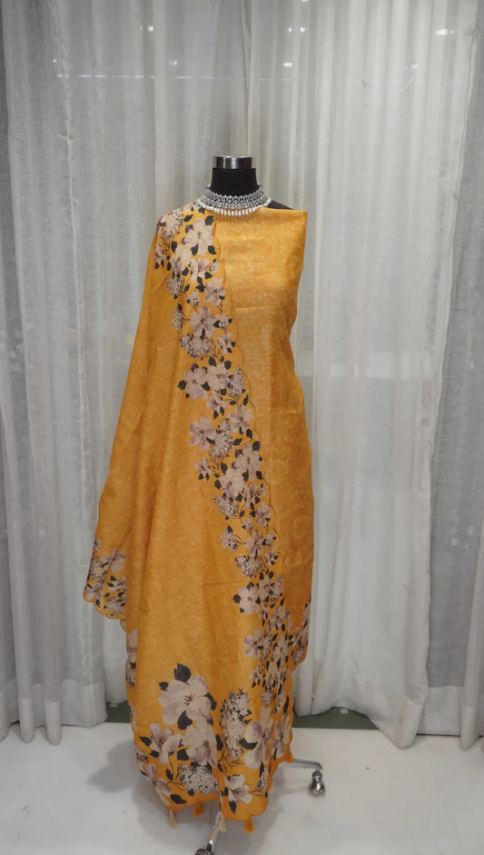 Yellow Tussar Silk Dupatta with Digital Print & Thread Work
