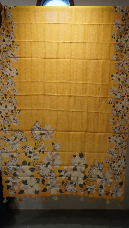 Yellow Tussar Silk Dupatta with Digital Print & Thread Work