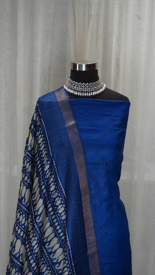 Royal Blue Tussar Silk Dupatta with Cross Stitch, Block Print & Thread Work