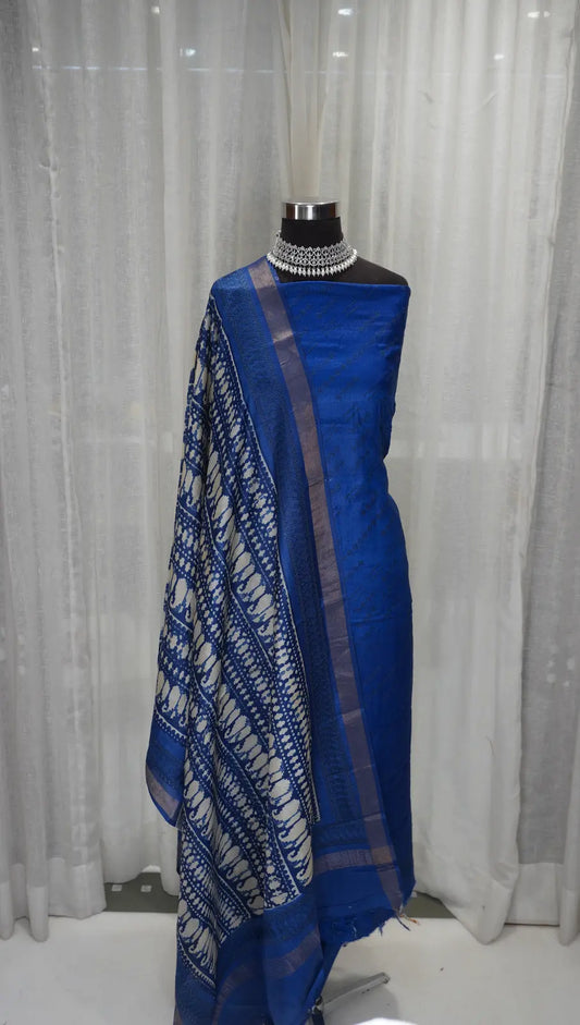 Royal Blue Tussar Silk Dupatta with Cross Stitch, Block Print & Thread Work