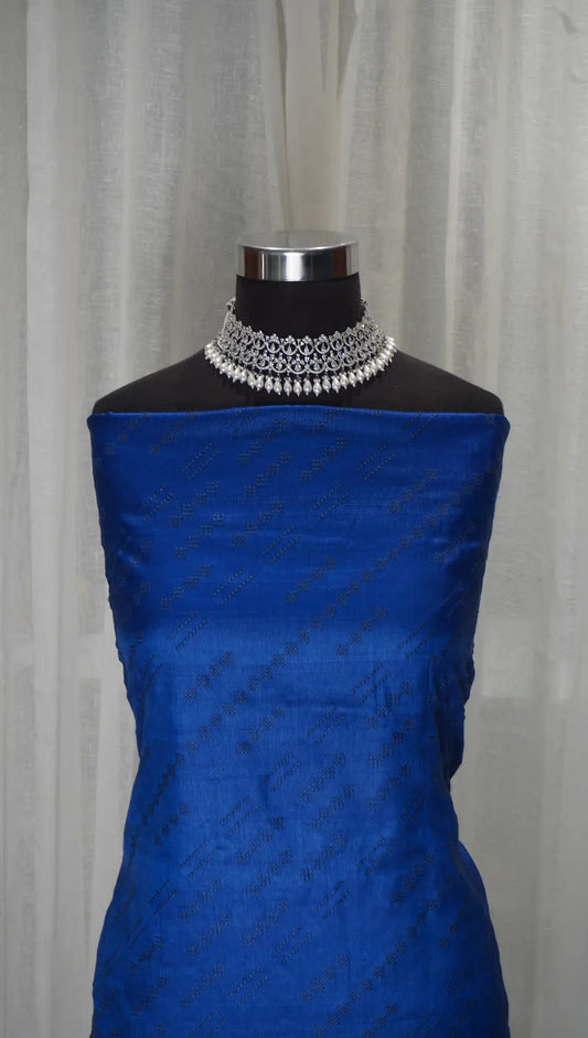 Royal Blue Tussar Silk Dupatta with Cross Stitch, Block Print & Thread Work