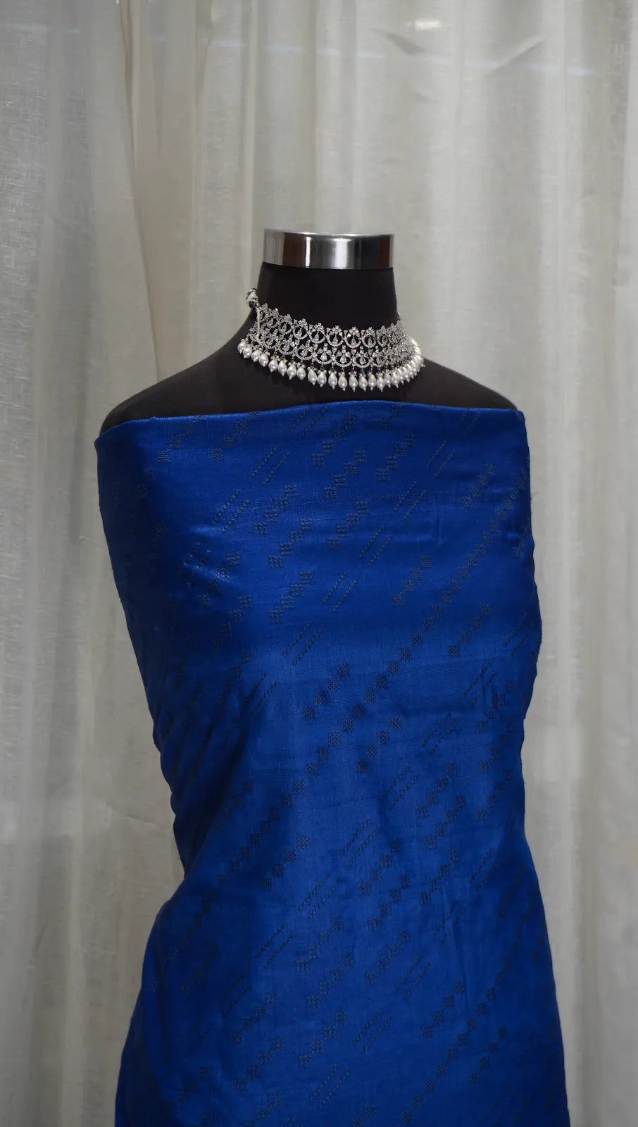 Royal Blue Tussar Silk Dupatta with Cross Stitch, Block Print & Thread Work