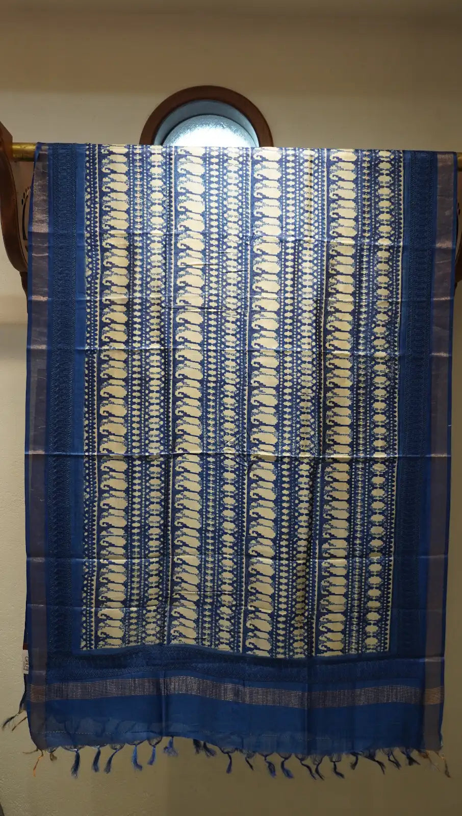 Royal Blue Tussar Silk Dupatta with Cross Stitch, Block Print & Thread Work