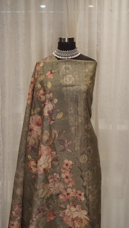 Olive Bloom Tussar Silk Dupatta with Digital Floral Print & Thread Work