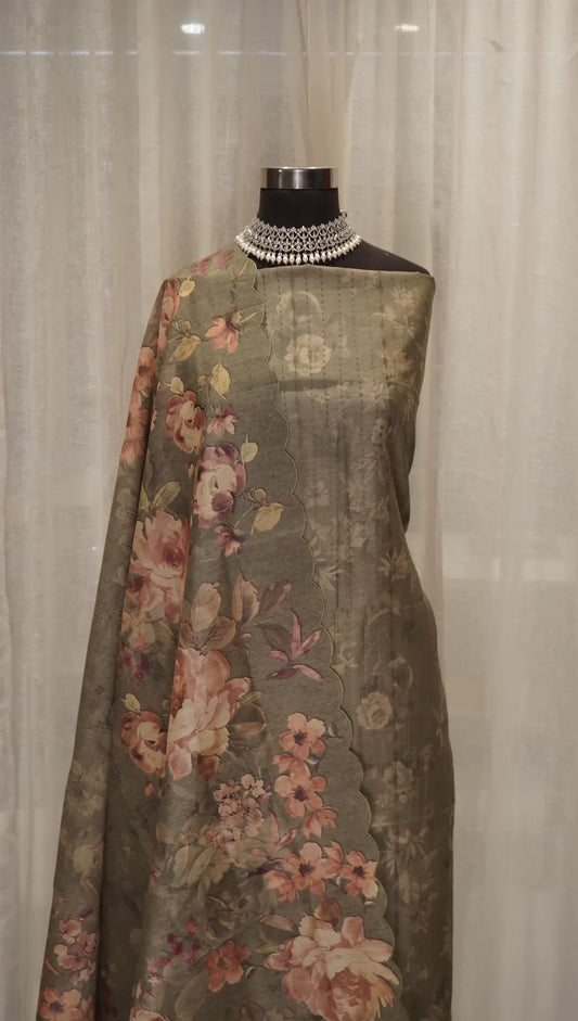 Olive Bloom Tussar Silk Dupatta with Digital Floral Print & Thread Work