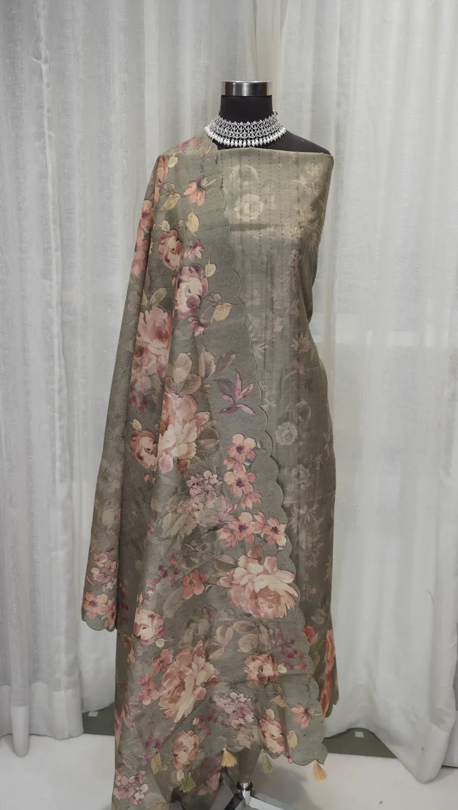 Olive Bloom Tussar Silk Dupatta with Digital Floral Print & Thread Work