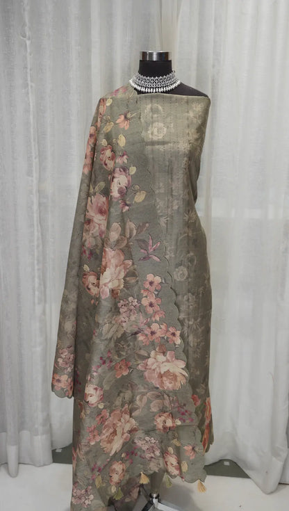 Olive Bloom Tussar Silk Dupatta with Digital Floral Print & Thread Work