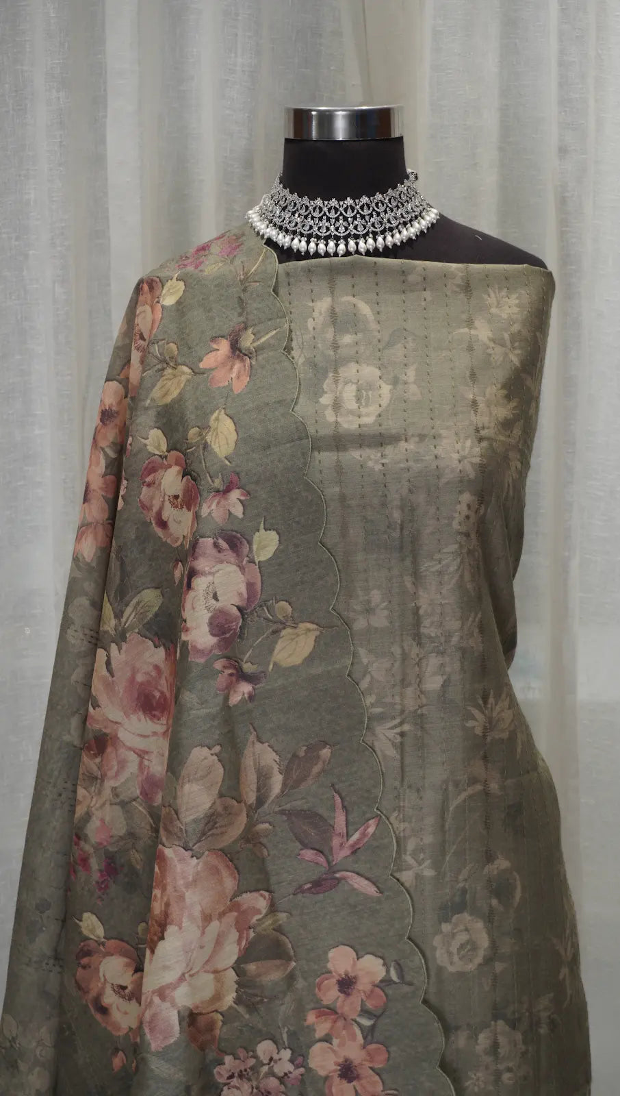 Olive Bloom Tussar Silk Dupatta with Digital Floral Print & Thread Work