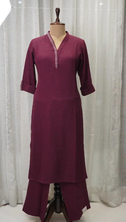 Elegant Wine Linen Kurta Set with Neck Embroidery