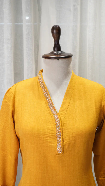 Sunshine Yellow Linen Kurta Set with Neck Work