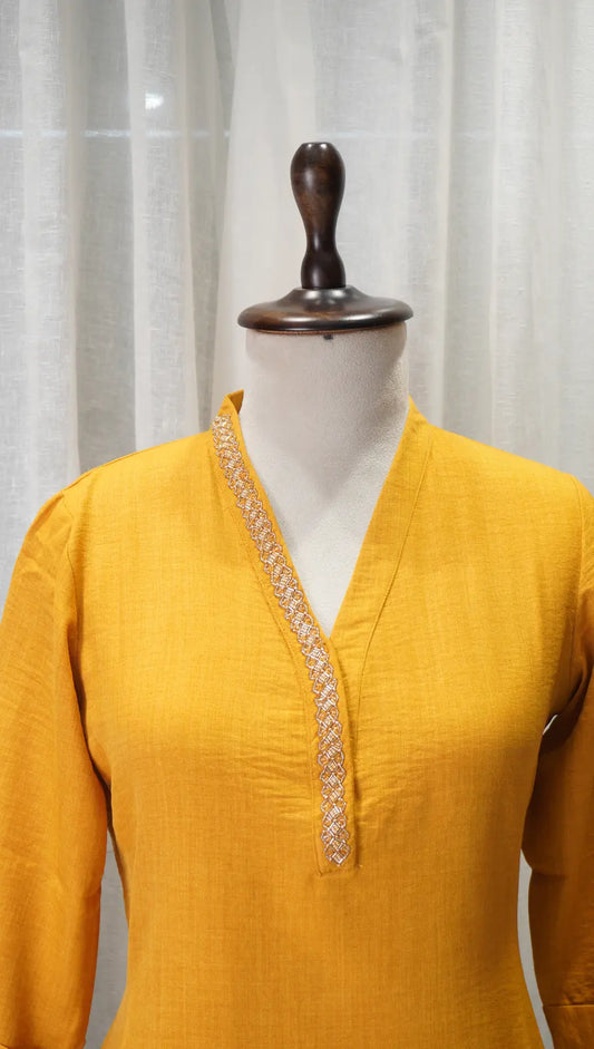 Sunshine Yellow Linen Kurta Set with Neck Work
